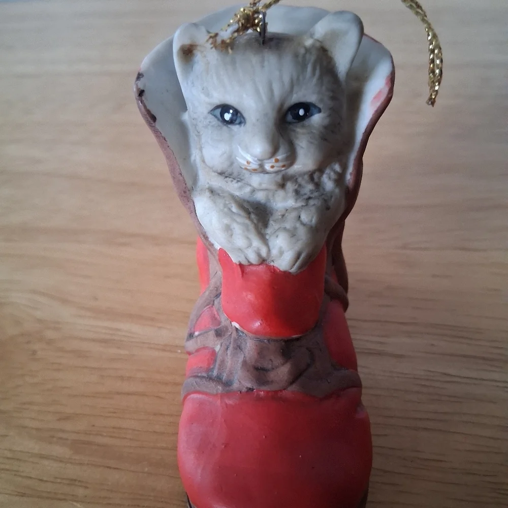 Gray Cat In Red Boot Christmas Ornament